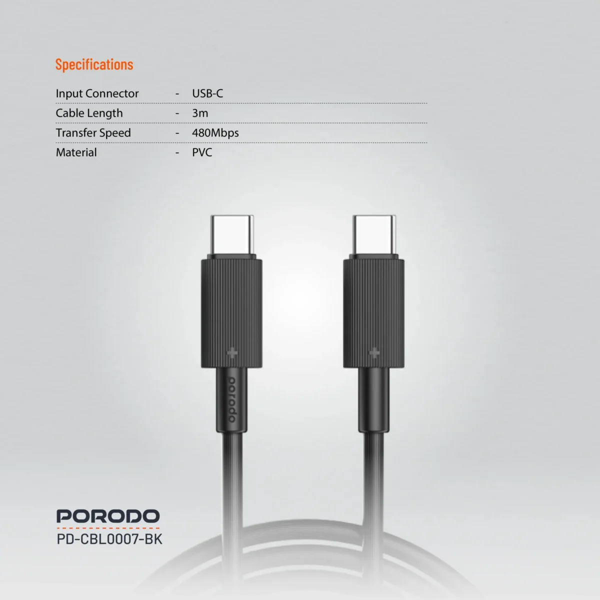 Porodo USB-C to USB-C Durable Charging Cable 3M Black