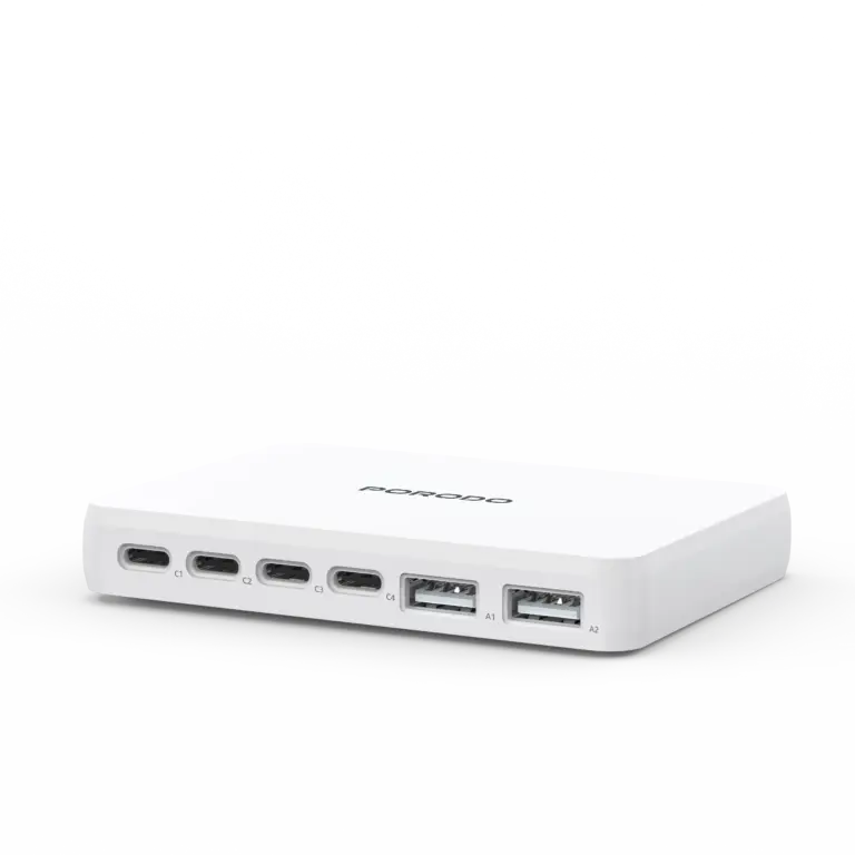 Porodo Velora 100W 4x USB-C & 2x USB-A GaN Wall Charger - UK Plug, White