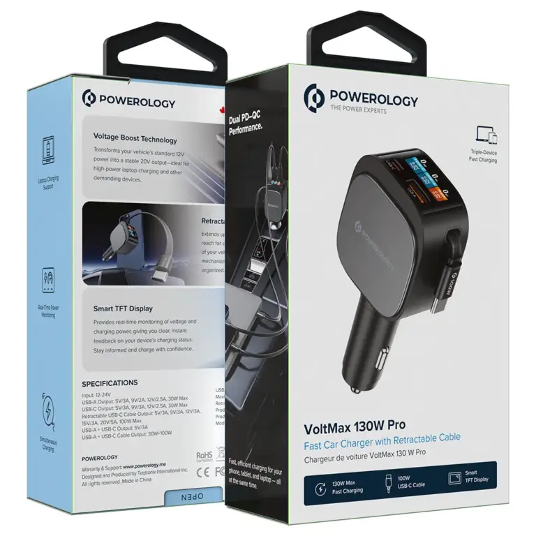 Powerology VoltMax 130W Pro Fast Car Charger with Retractable Cable - Black