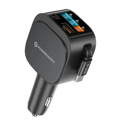 Powerology VoltMax 130W Pro Fast Car Charger with Retractable Cable - Black