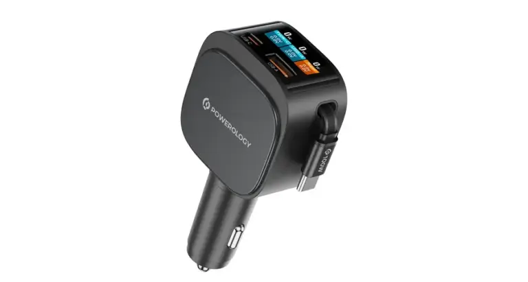 Powerology VoltMax 130W Pro Fast Car Charger with Retractable Cable - Black