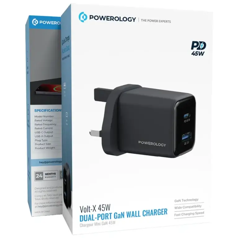 Powerology Volt-X 45W Dual-Port GaN Wall Charger - Black
