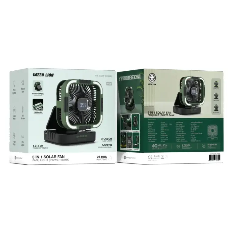 Green Lion 3-In-1 Solar Fan with Light & Power Bank - Black