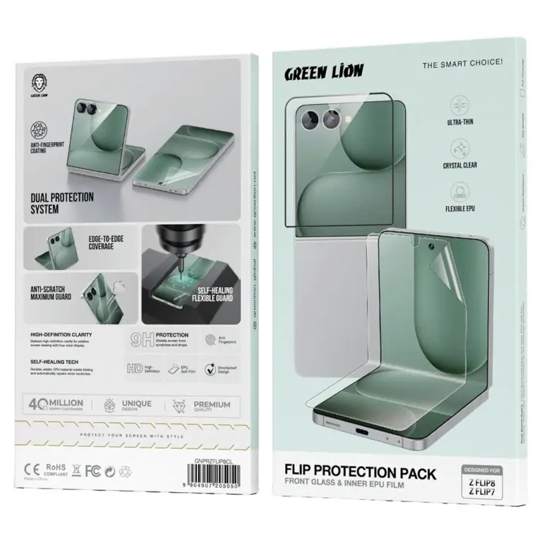 Green Lion Flip Protection Pack with Front Glass & Inner EPU Film for Z Flip 8 & 7 - Clear