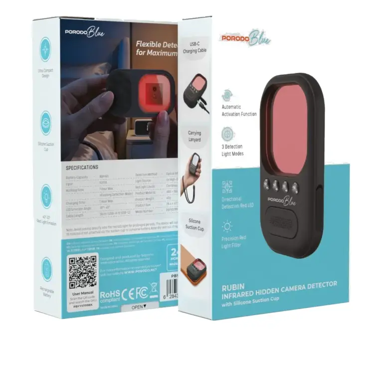 Porodo Blue Rubin Infrared Hidden Camera Detector with Silicone Suction Cup- Black