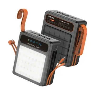 Porodo Laros Solar Power Bank with 22.5W Fast Charging & Built-In Cables - Black