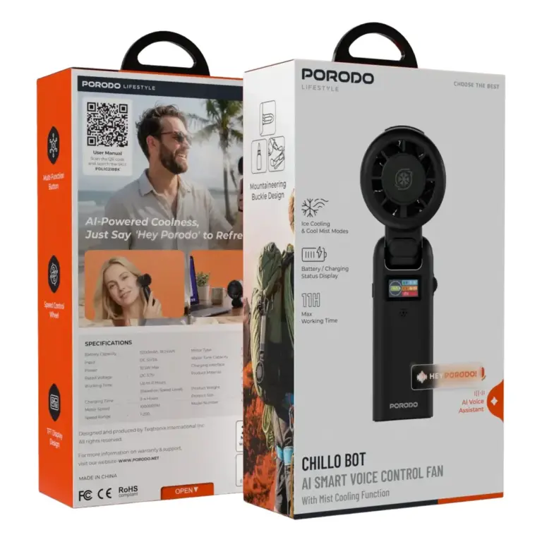 Porodo Lifestyle Chillo Bot AI Smart Voice Control Fan with mist Cooling Function - Black