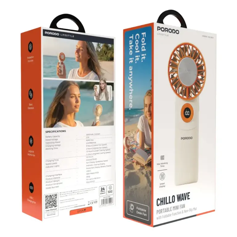 Porodo Lifestyle Chillo Wave Portable Mini Fan with Foldable Function & Non-Slip Mat - Beige