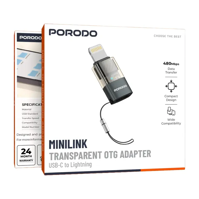 Porodo MiniLink Transparent OTG Adapter USB-C to Lightning - Grey
