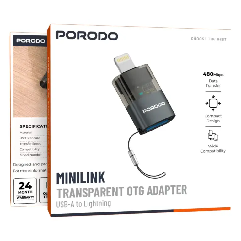 Porodo MiniLink Transparent OTG Adapter USB-A to Lightning - Grey