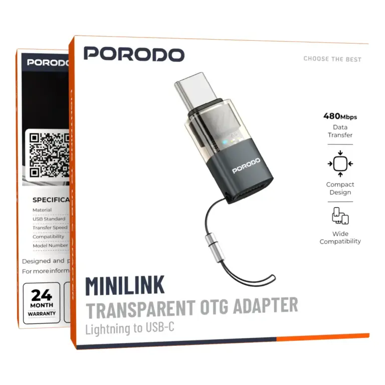 Porodo MiniLink Transparent OTG Adapter Lightning to USB-C - Grey