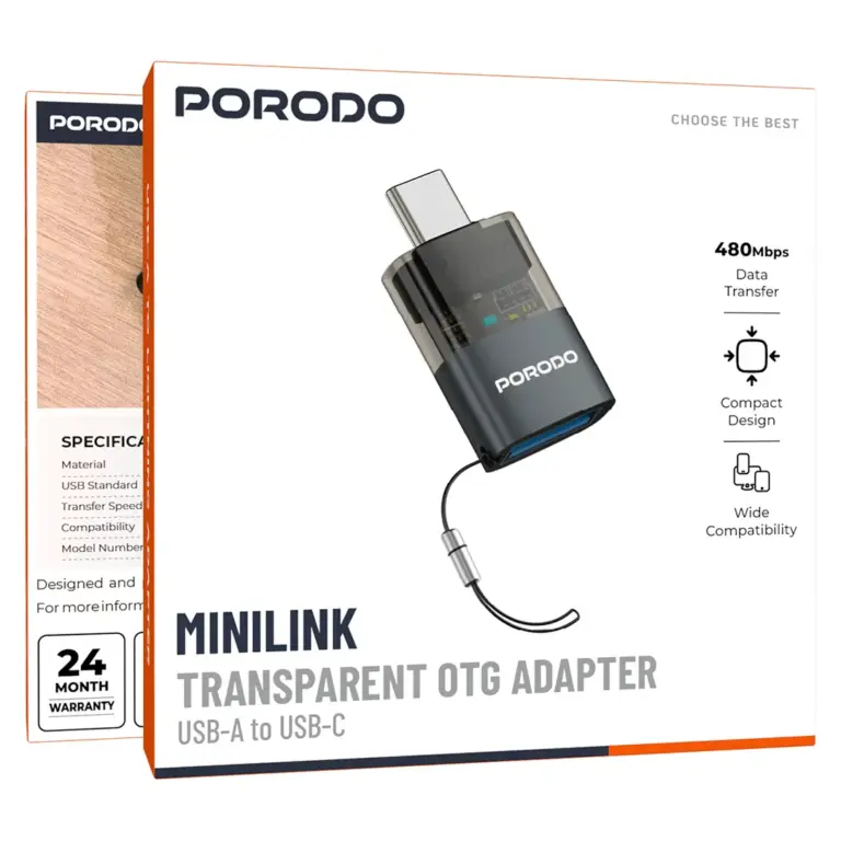 Porodo MiniLink Transparent OTG Adapter USB-A to USB-C - Grey