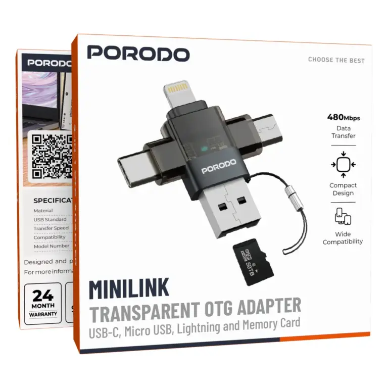 Porodo Minilink Transparent OTG Adapter with USB-C & Micro USB & Lightning & Memory Card- Grey