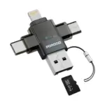 Porodo Minilink Transparent OTG Adapter with USB-C & Micro USB & Lightning & Memory Card- Grey