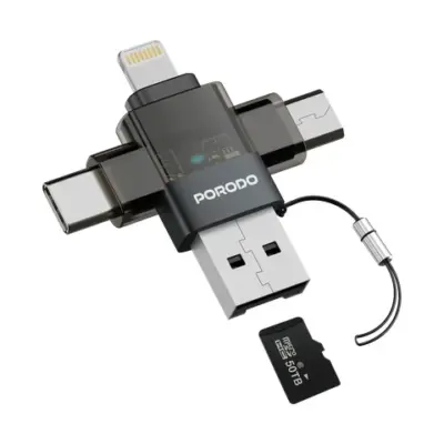 Porodo Minilink Transparent OTG Adapter with USB-C & Micro USB & Lightning & Memory Card- Grey