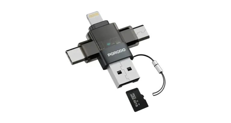 Porodo Minilink Transparent OTG Adapter with USB-C & Micro USB & Lightning & Memory Card- Grey