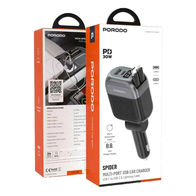 Porodo Spider Multi-Port USB Car Charger with USB-C to USB-C & Lightning Cable - Black