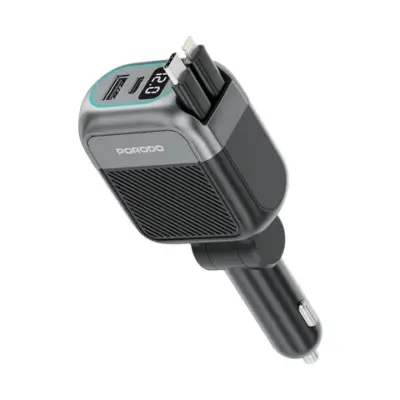 Porodo Spider Multi-Port USB Car Charger with USB-C to USB-C & Lightning Cable - Black