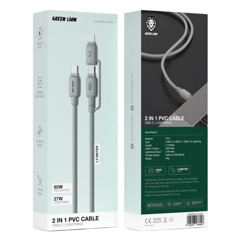 Green Lion 2-In-1 PVC Cable with USB-C & Lightning – Gray