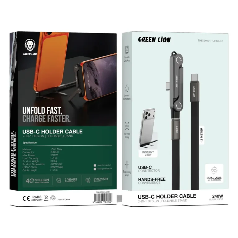 Green Lion 2 in 1 USB-C Holder Cable with Foldable Design - Black