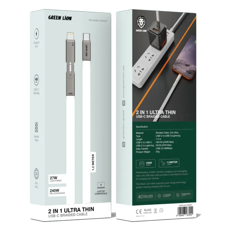 Green Lion 2-in-1 Ultra-Thin USB-C Braided Cable -White