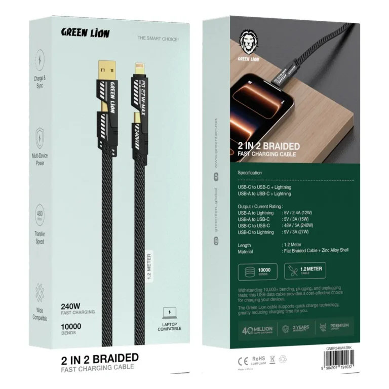 Green Lion 2-in-2 Braided Fast Charging Cable - Black