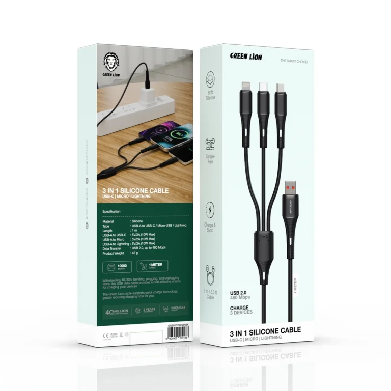 Green Lion 3 in 1 Silicone Cable USB-A to USB-C, Micro, Lightning - Black