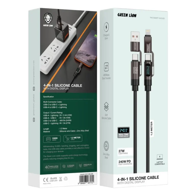 Green Lion 4-In1 Silicone Cable with Digital Display - Black