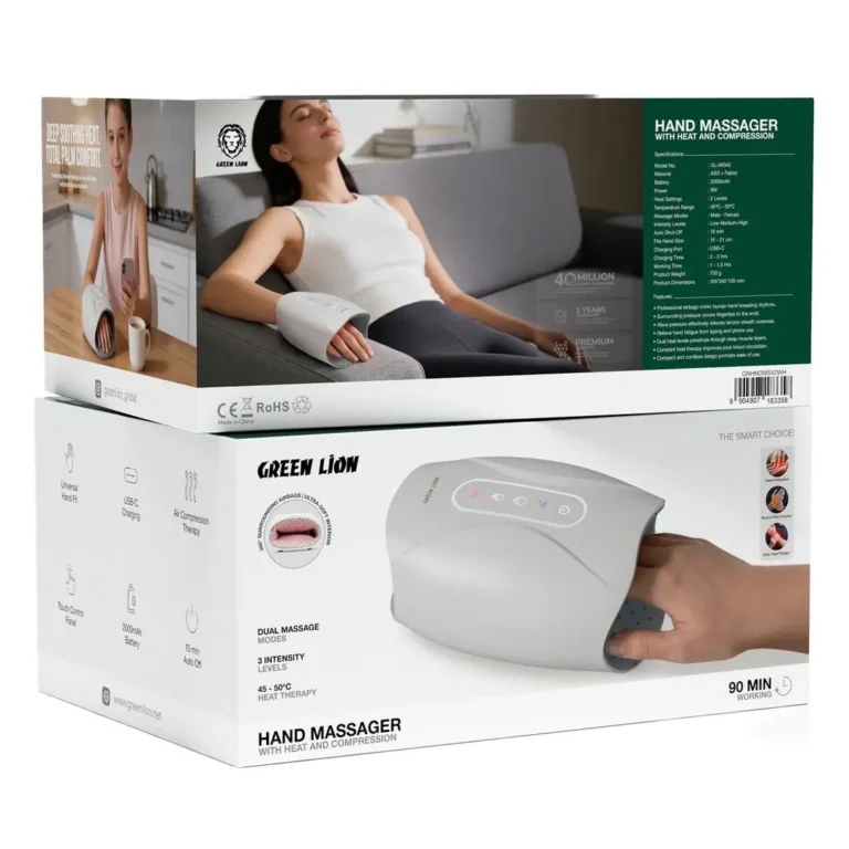 Green Lion Hand Massager with Heat and Compression - White