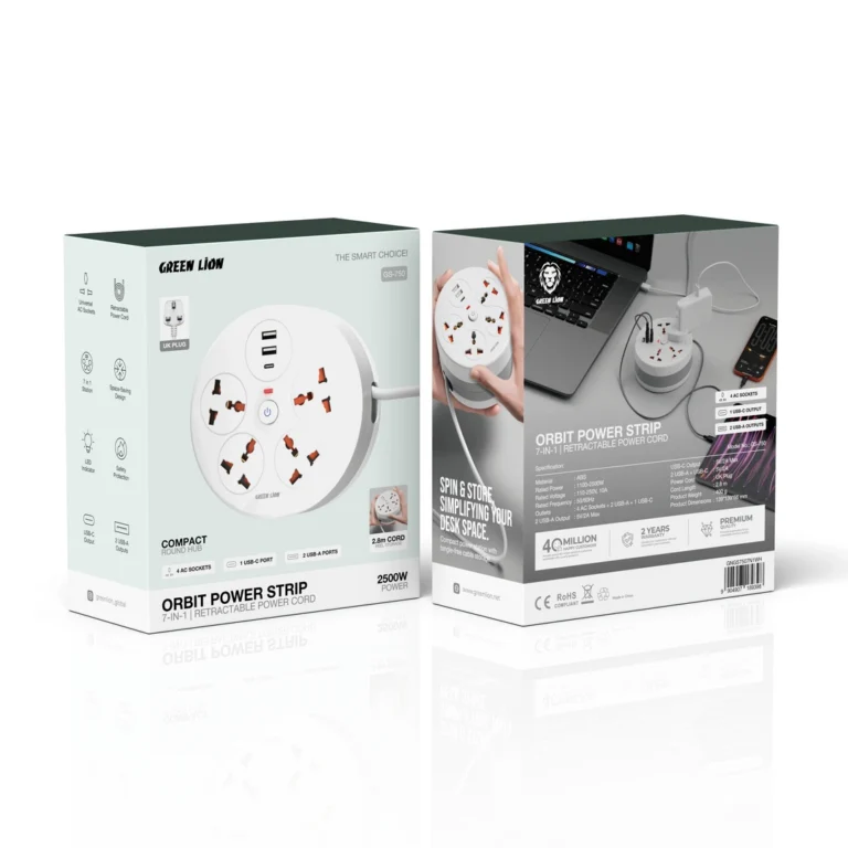Green Lion Orbit Power Strip 7-in-1 Retractable Power Cord - White