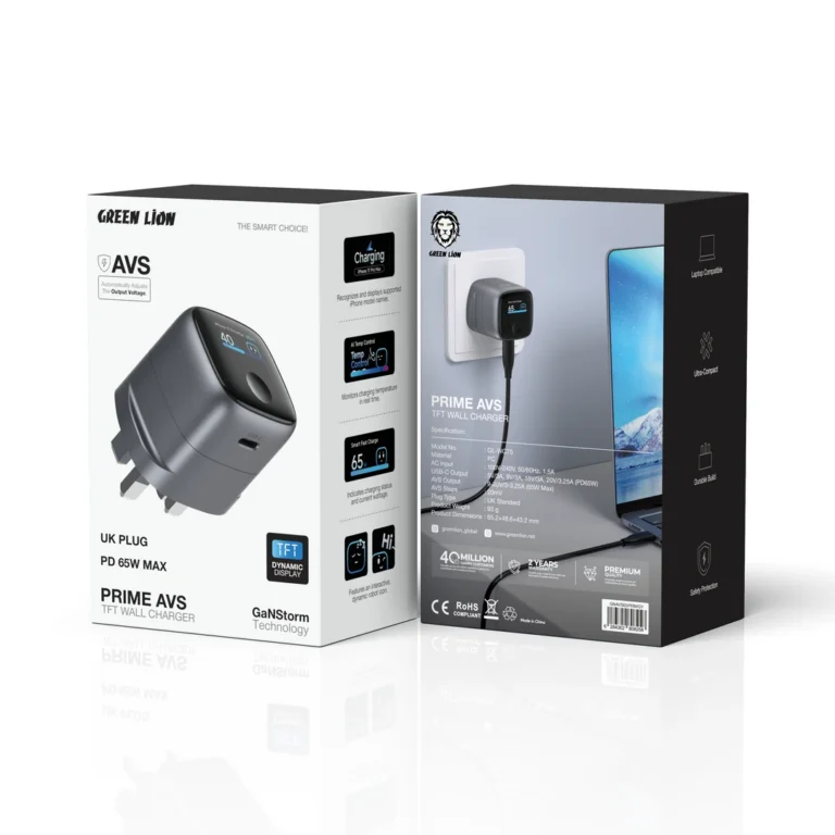 Green Lion Prime AVS TFT Wall Charger With GaNStorm Technology - Grey