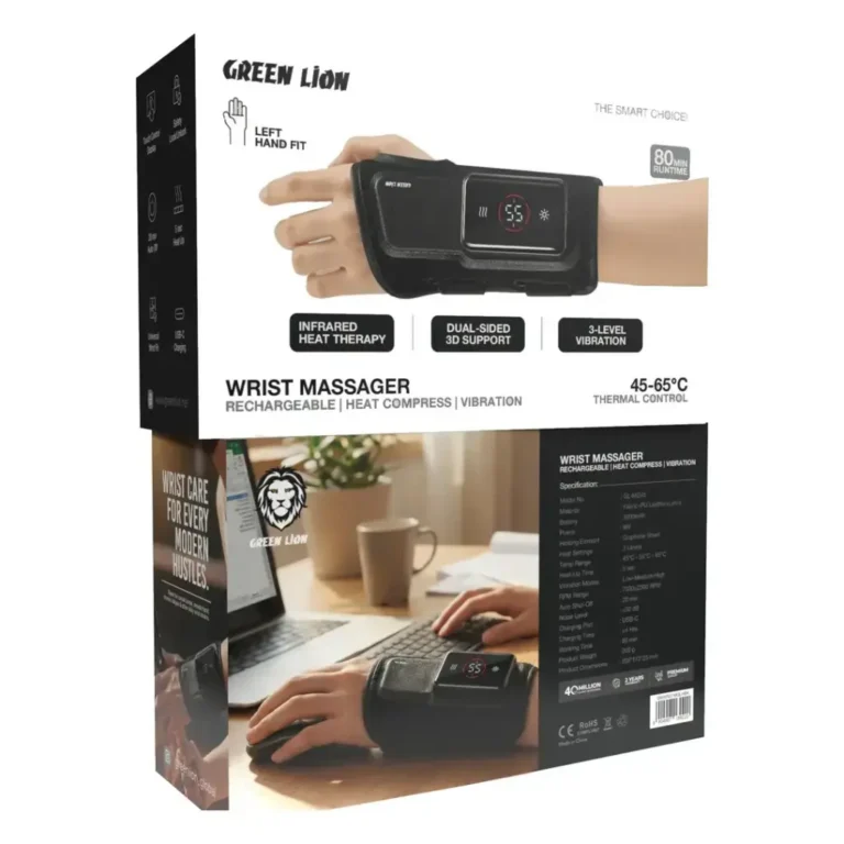 Green Lion Rechargeable Wrist Massager with Heat Compress & Vibration - Black