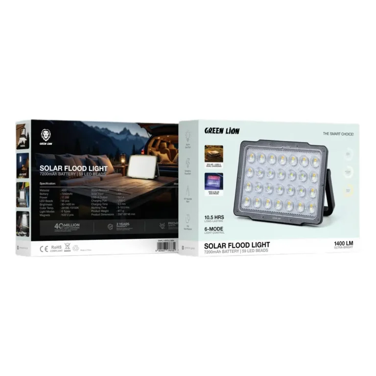 Green Lion Solar Flood Light with 7200mAh Battery & 59 LED Beads- Black