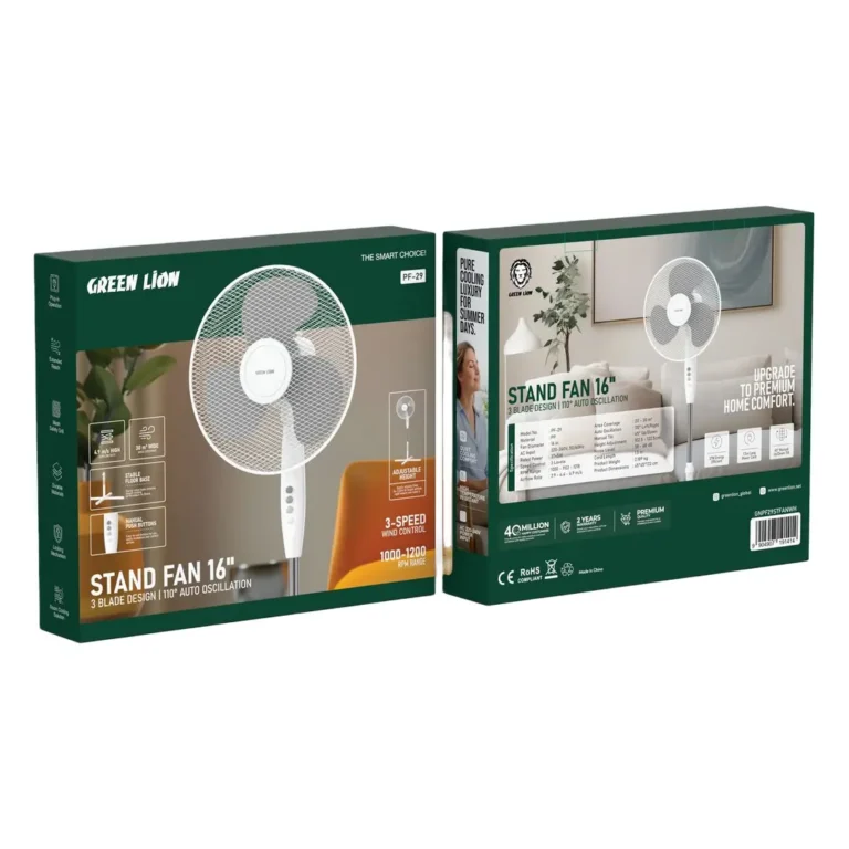 Green Lion Stand Fan 16'' with 3 Blade Design & 110° Auto Oscillation - White