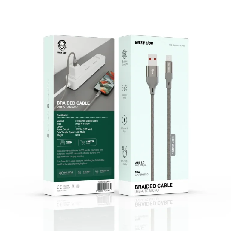 Green Lion USB-A Braided Charging Cable - Grey