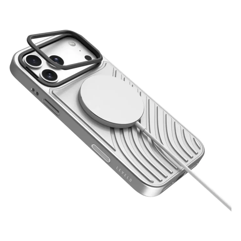 Levelo Arc MagSafe PU Leather Case with Flip-Out Bult-In Camera Stand for iPhone 18/17 Pro / Pro Max - Silver