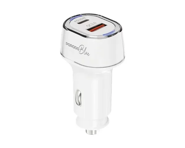 Porodo Blue Dual - Port USB Car Charger with Multiple Safety Protection - White