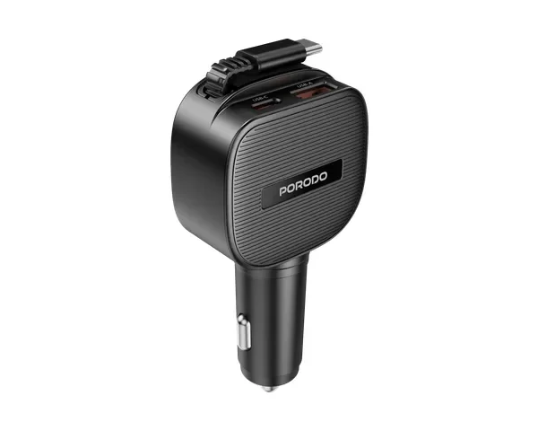 Porodo Cross Multi-Port Car Charger with Integrated USB-C Cable - Black