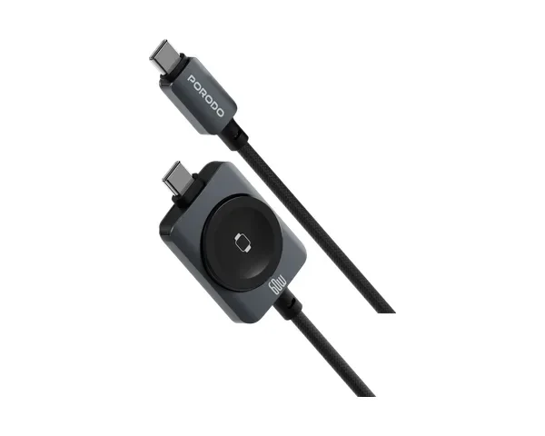 Porodo Halom 2-in-1 60W USB-C to USB-C Cable With 2.5W Wireless Smartwatch Charging - Black