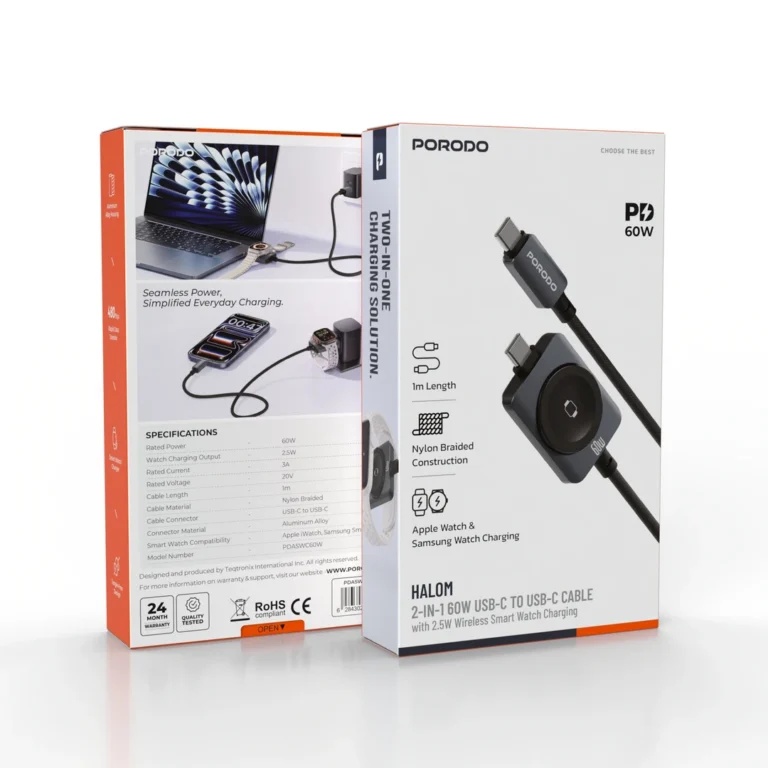 Porodo Halom 2-in-1 60W USB-C to USB-C Cable With 2.5W Wireless Smartwatch Charging - Black