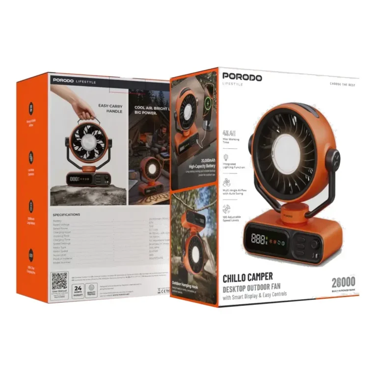 Porodo Lifestyle Chillo Camper Desktop Outdoor Fan with Smart Display & Easy Control - Black