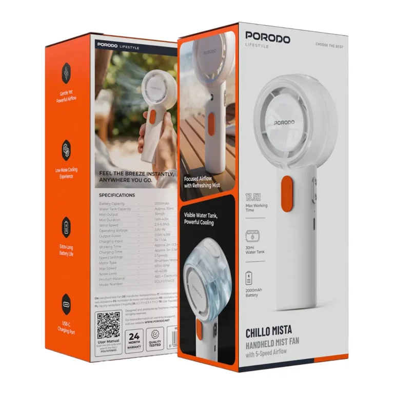 Porodo Lifestyle Chillo Mista Handheld Mist Fan with 5-Speed Airflow - White