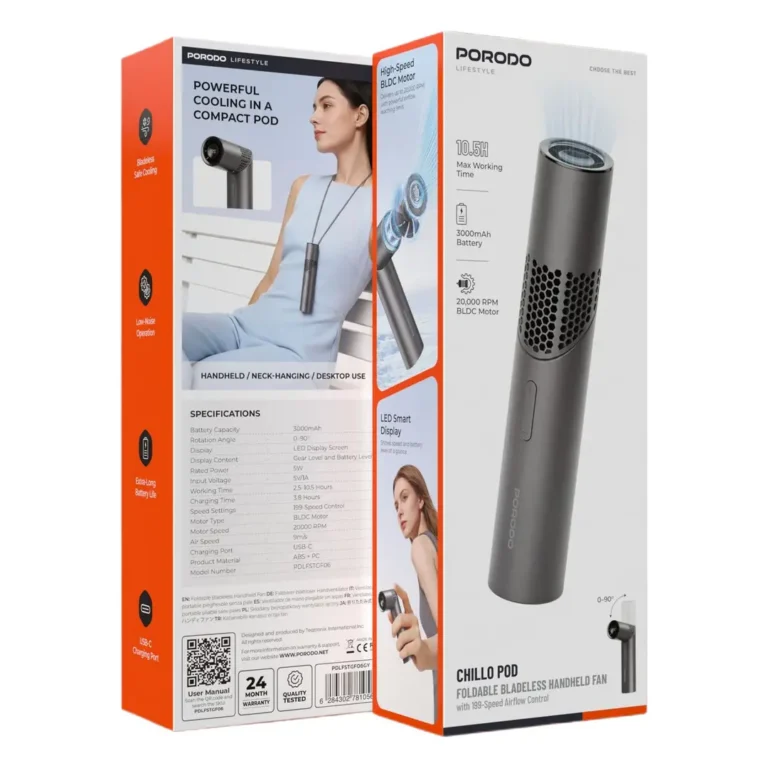 Porodo Lifestyle Chillo Pod Foldable Bladeless Handheld Fan with 199-Speed Airflow Control - Grey