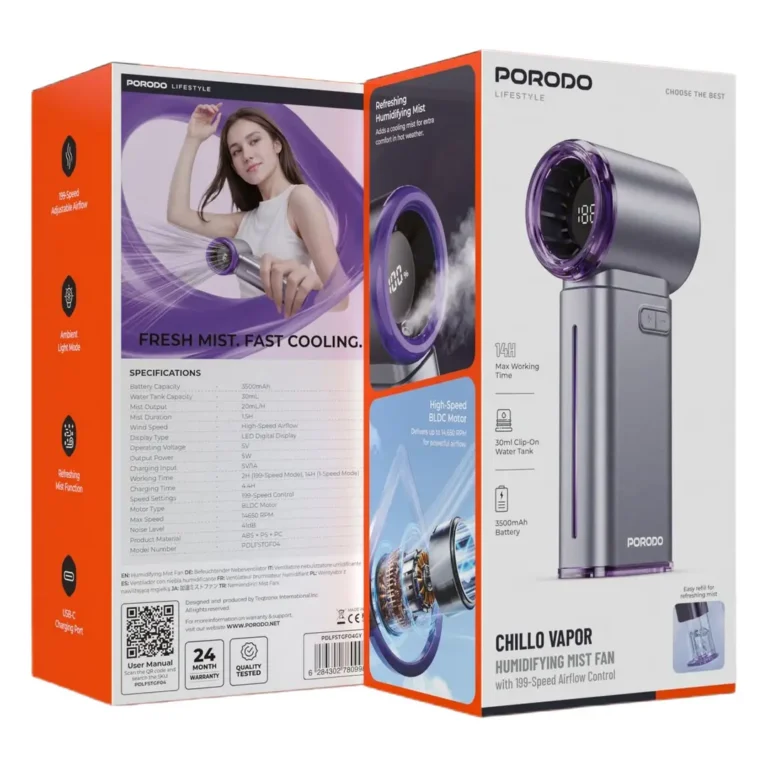 Porodo Lifestyle Chillo Vapor Humidifying Mist Fan with 199-Speed Airflow Control - Gray
