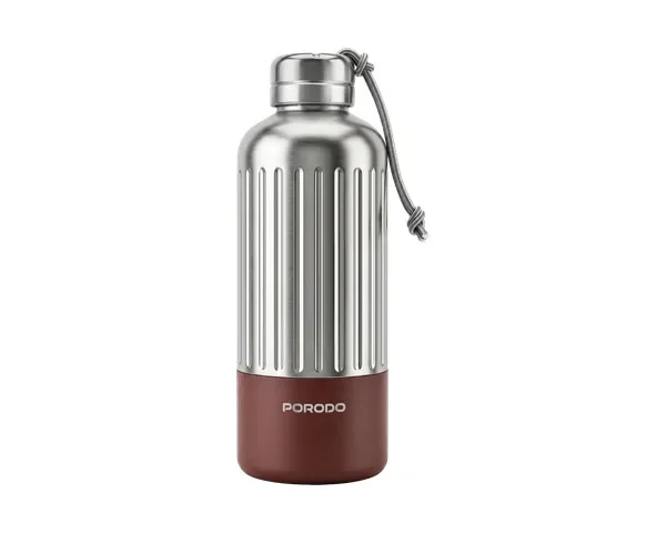 Porodo Lifestyle Terma 850mL Insulated Bottle with Reinforced Vertical Ribs and Carrying Rope – Silver/Brown