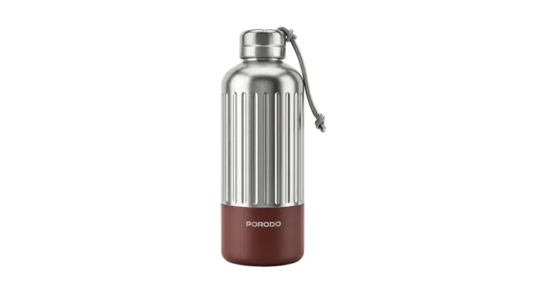 Porodo Lifestyle Terma 850mL Insulated Bottle with Reinforced Vertical Ribs and Carrying Rope – Silver/Brown