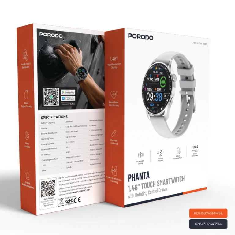 Porodo Phanta 1.46" Touch Smartwatch With Rotating Control Crown