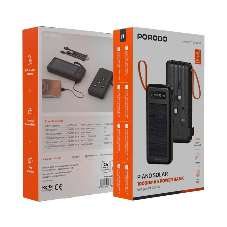 Porodo Piano Solar Power Bank with Integrated Cables