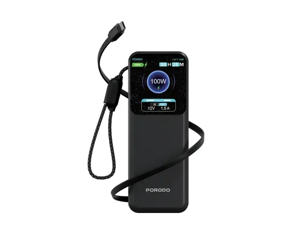 Porodo Polo X 20000mAh Power Bank with Built-In Dual USB-C Cables - Black