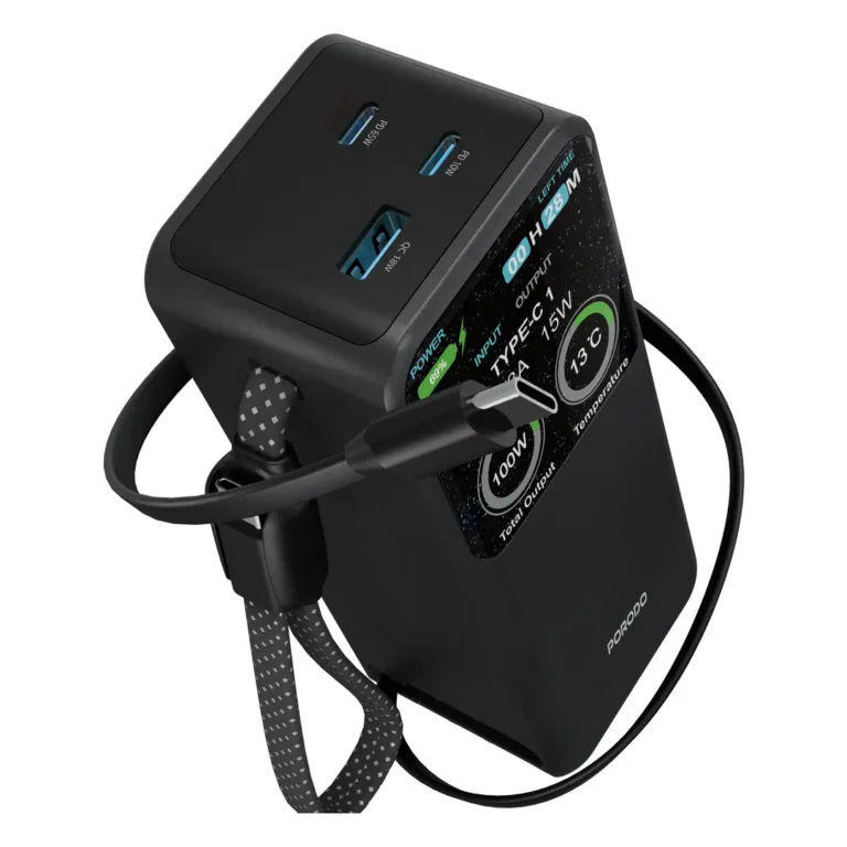 Porodo Polo X 20000mAh Power Bank with Built-In Dual USB-C Cables - Black